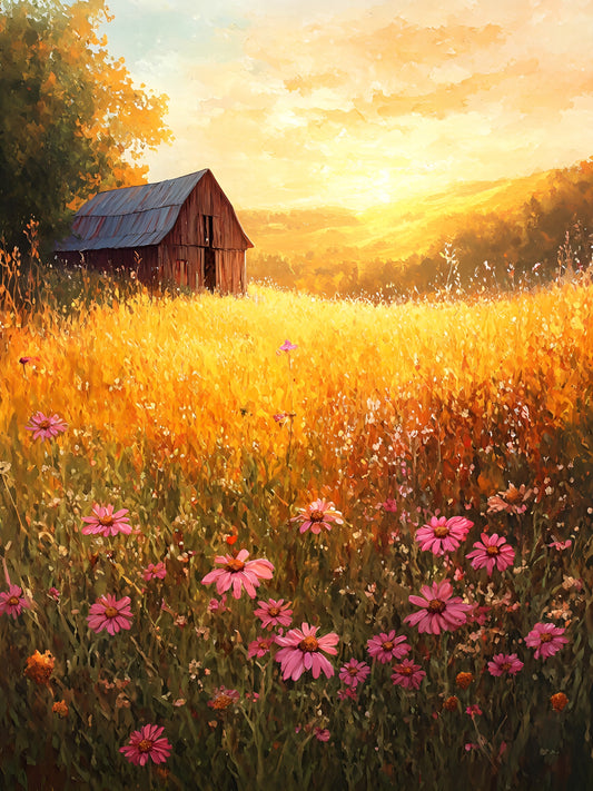 Sunrise in Meadow Field